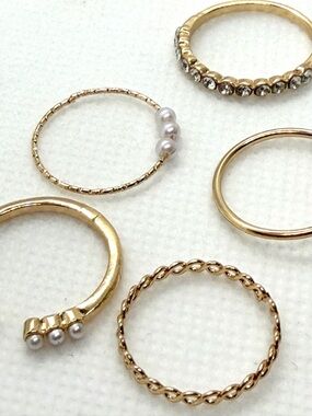 Gold Plated  Stacking Rings Set with Faux Pearls and Faux Crystals